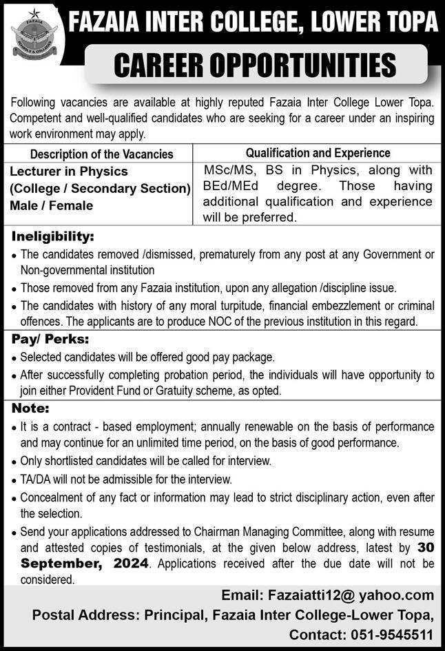 Fazaia Inter College Jobs, Teaching Jobs 2024