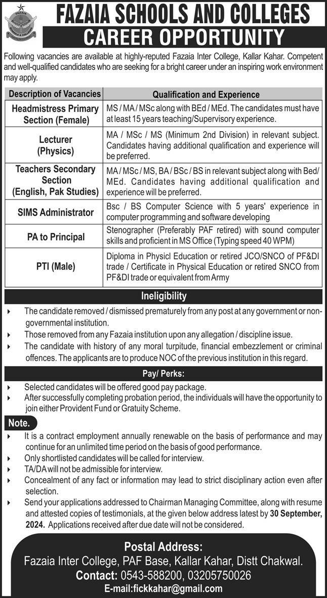 Fazaia School Jobs, Teaching Jobs 2024, Fazaia School Teaching Jobs 2024