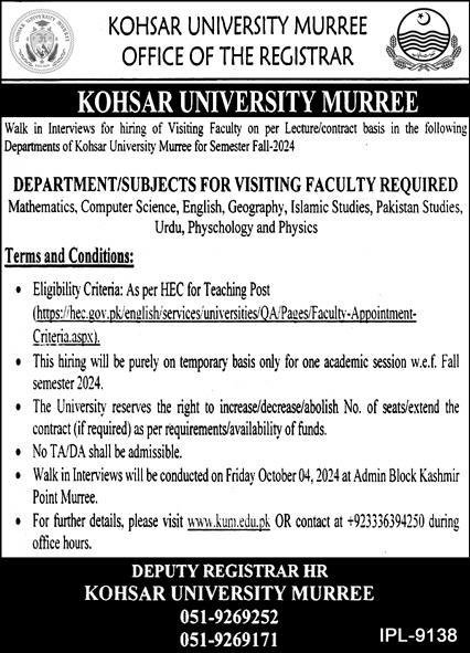 Kohsar University Murree Jobs 2024