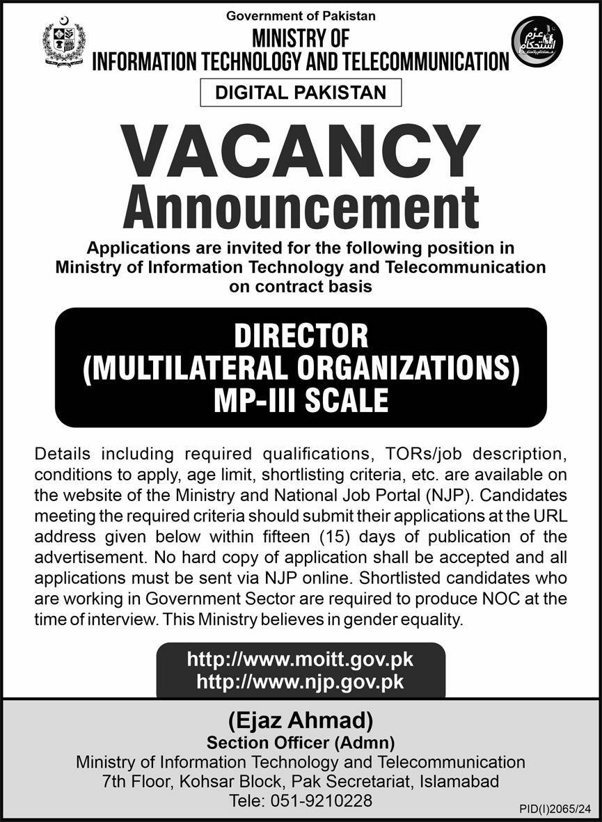 Ministry of Information Technology Jobs 2024, Director (Multilateral Organizations) MP-III Scale, Ministry of Information Technology and Telecommunication Job 2024