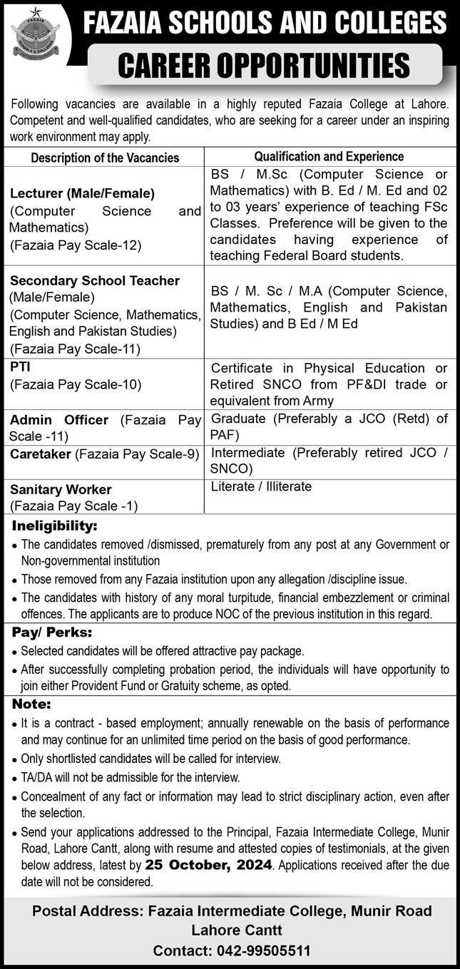 Fazaia School Jobs - Pakistan Air Force Teaching Jobs 2024