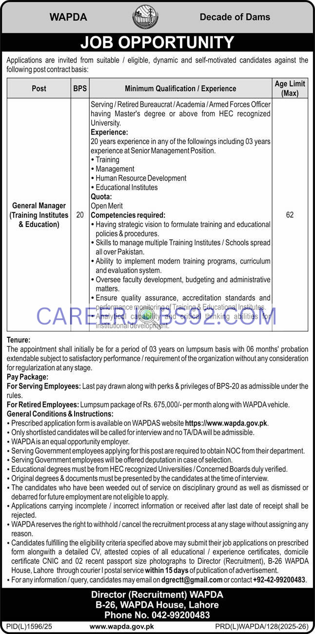 Latest WAPDA Jobs in Lahore 2025