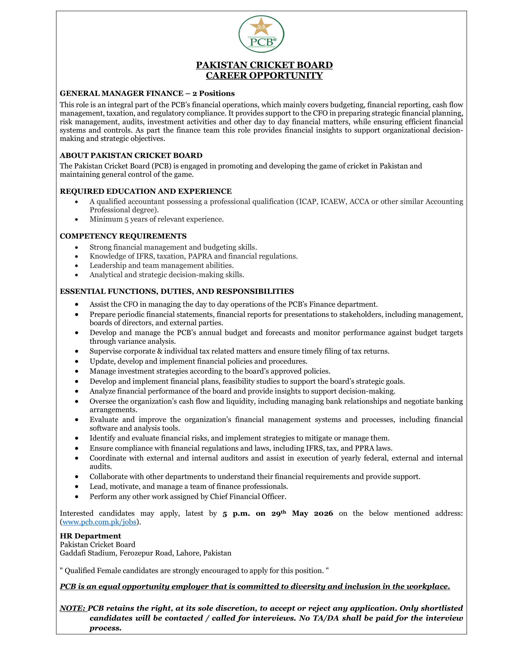 Finance Jobs in Lahore 2026